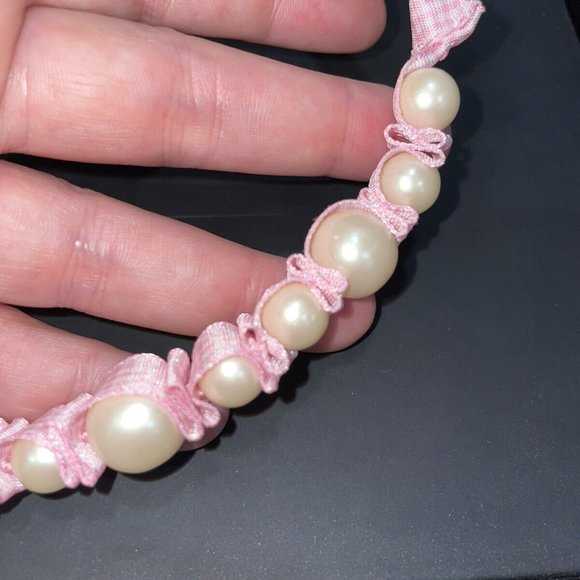 Stella & Dot Little Dottie Necklace for Girls. Pink Gingham Ribbon And Pearls - Picture 2 of 3